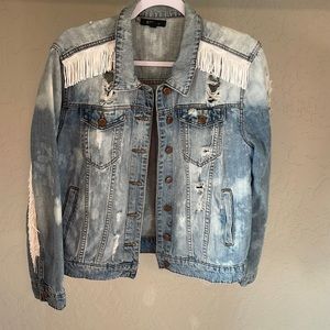 Hand Painted Boise State Denim Jacket with fringe